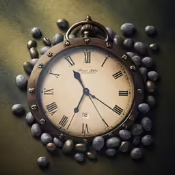 a clock with roman numerals and a chain around it