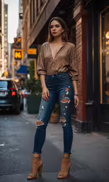 a woman posing on a city street wearing high rise jeans,woman standing on the street with her arms in her pockets