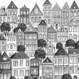 a pen drawing of a large group of houses