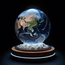 a blue and brown world globe in a black background