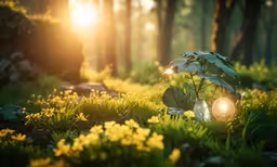 a garden area with flowers and some lights on