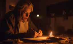 a woman writing in the dark with her pen