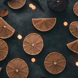 a group of pieces of oranges with lit candles