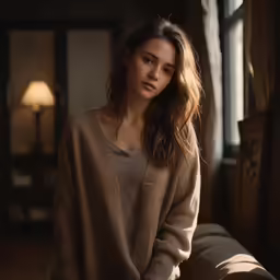 young woman in tan sweater and dark wood floor