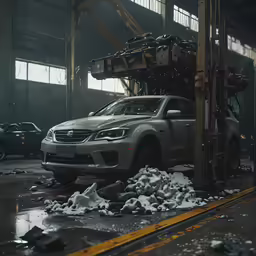 a truck sits in a factory on some parts