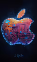 an apple logo is displayed with blue and orange reflections