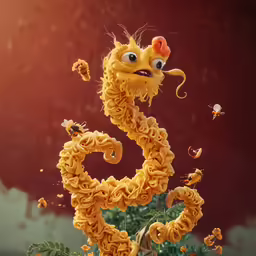there is a yellow dragon statue with googly eyes and curly hair