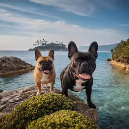 a couple of small dogs standing on top of a rock
