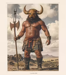 a drawing of a horned man holding a pick axe
