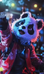 a panda bear in costume is pointing
