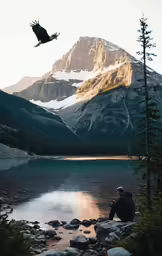 a man looking at mountains, with a bird flying above