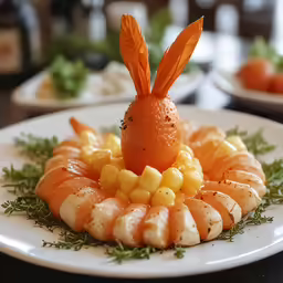 carrot and corn dessert displayed on white plate