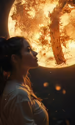 a woman holding a large object near her face