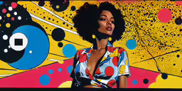 a woman standing in front of a colorful painting,a woman poses in front of a colorful painting
