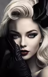 a beautiful blonde woman in black gloves holding her hand up to her face
