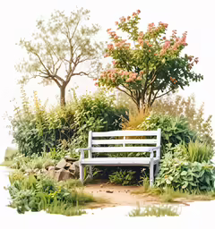 a painting of a white bench sitting in front of trees