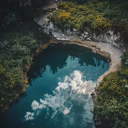 a pool with a pathway surrounded by trees