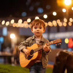 a little boy is playing a guitar on a lawn