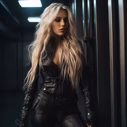 a woman with blonde hair and black leather outfit is looking over a metal door,a young lady dressed in black leathers is standing outside