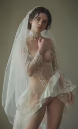 a nude female with a veil on her head wearing a dress