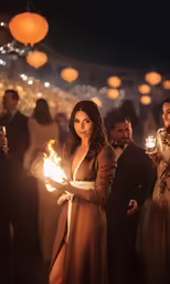 a woman standing in front of a group holding candles