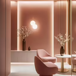 the chairs are pink and gold near some vases