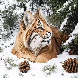 a tiger laying in the snow next to pine cones