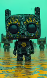 an action figure standing on a wet surface