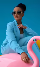a young woman sitting on top of a pink flamingo