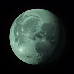 a green moon on a black sky with stars