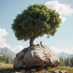 a tree sits on top of a rock in the middle of nowhere