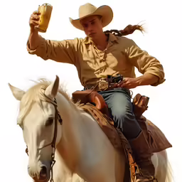 a man holding a bottle and sitting on a horse