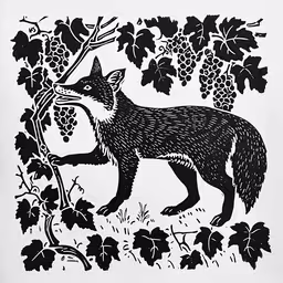 a black and white drawing of a fox standing on top of leaves,a black and white drawing of a fox holding grapes