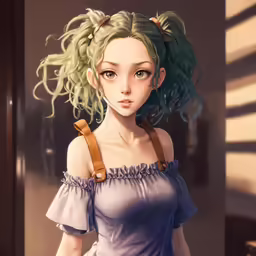 an animation girl with green hair is standing in front of a door