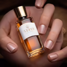 a hand holding a bottle of perfume and nail polish