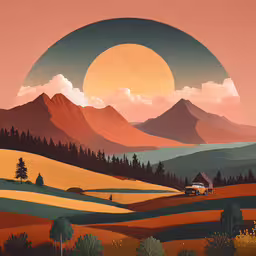 a painting of a landscape with trees and a house,a large landscape with mountains, trees and a house