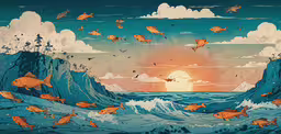 an orange and blue painting with many fish coming out of it,several fish swim through an ocean wave as a sun goes down