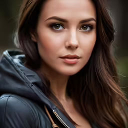 woman looking to camera while wearing a leather jacket