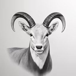 the animal is standing with large horns on its head