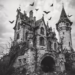 a gothic - themed castle sits under an overcast sky