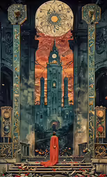 a woman standing at the entrance to an abandoned castle with a large clock on it
