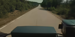 view from car window on highway with trees and bushes
