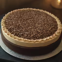 a desert like item covered in chocolate seeds on a silver platter