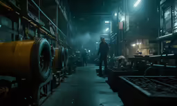 a man in black standing on top of a warehouse floor