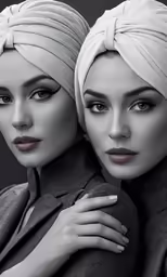 two women are holding hands and wearing turbans