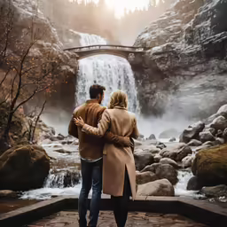 couple standing next to waterfall and looking at waterfall