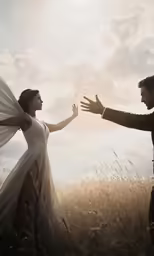 a beautiful woman in a long dress standing next to a man in a field
