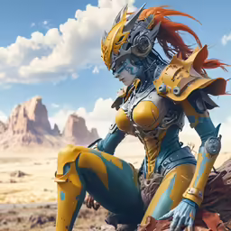 a woman in a blue suit on rocks with a sky background