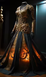 the dress is decorated with gold and black decorations
