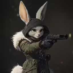 a doll with a rabbit suit is holding a rifle